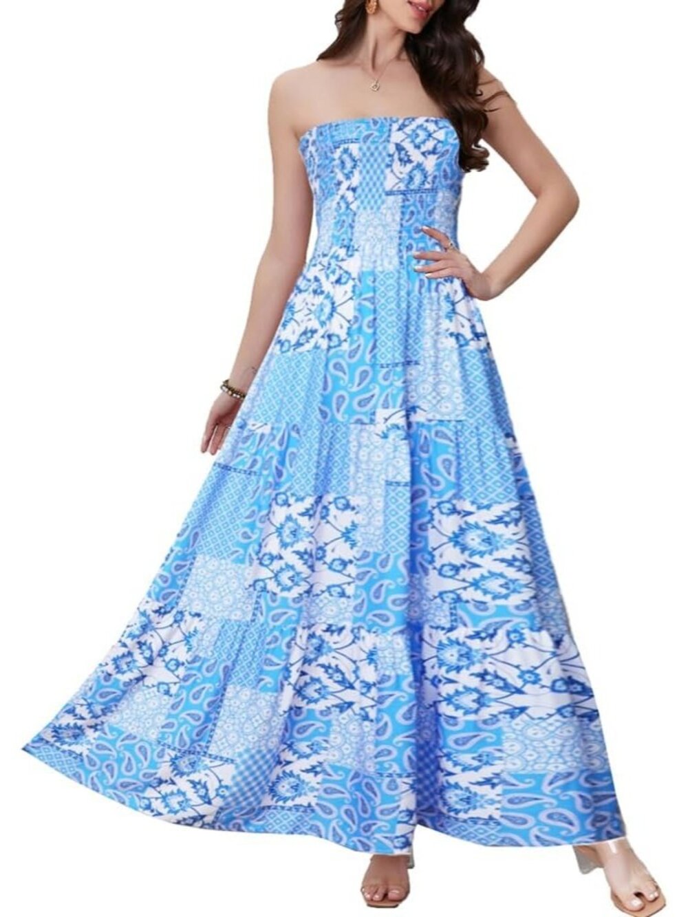Women's Blue Mosaic Strapless Tube Top Off Shoulder Boho Beach Long Maxi Dress